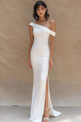 White Satin One Shoulder Mermaid Long Engagement Dress with Slit