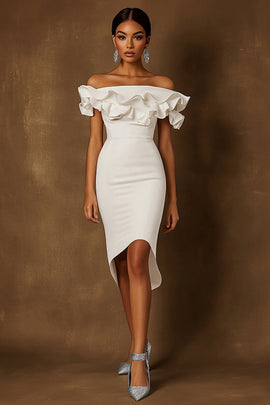 White Satin Off The Shoulder Midi Engagement Dress with Ruffles