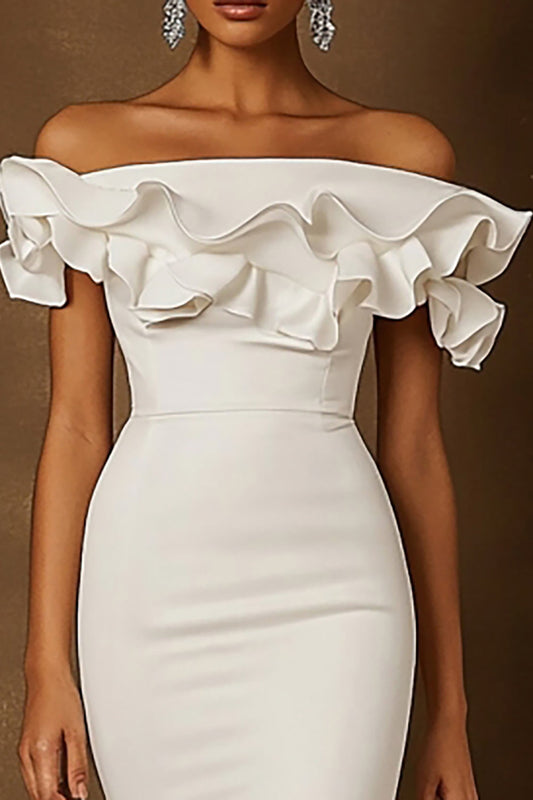 White Satin Off The Shoulder Midi Engagement Dress with Ruffles