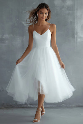 White Tulle Spaghetti Straps Midi A Line Engagement Dress