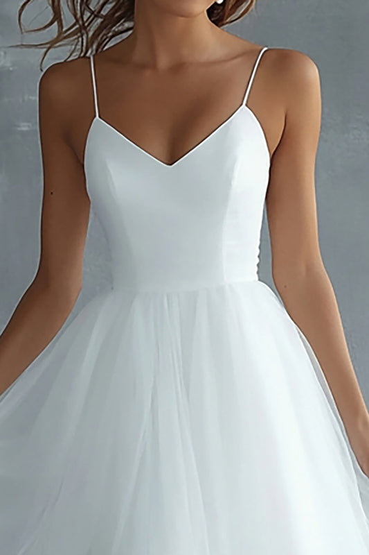 White Tulle Spaghetti Straps Midi A Line Engagement Dress