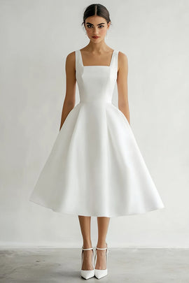 White Satin Square Neck A Line Midi Engagement Dress