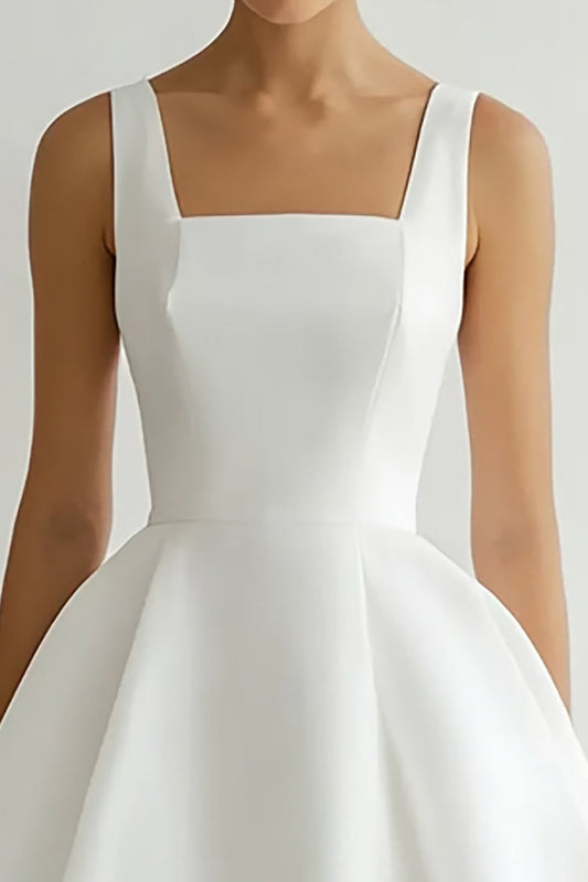 White Satin Square Neck A Line Midi Engagement Dress