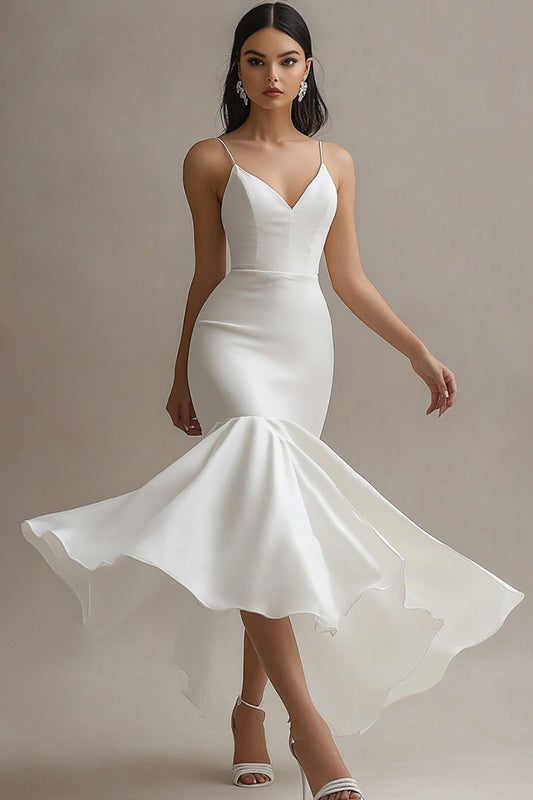 Ivory Satin Mermaid Long Engagement Dress with Ruffles