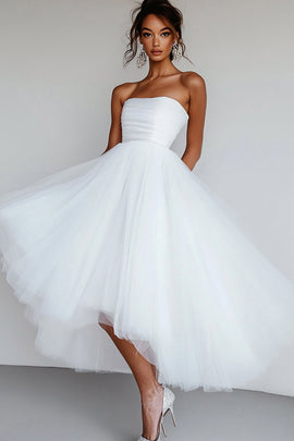 White Tulle Square Neck High-Low A Line Engagement Dress