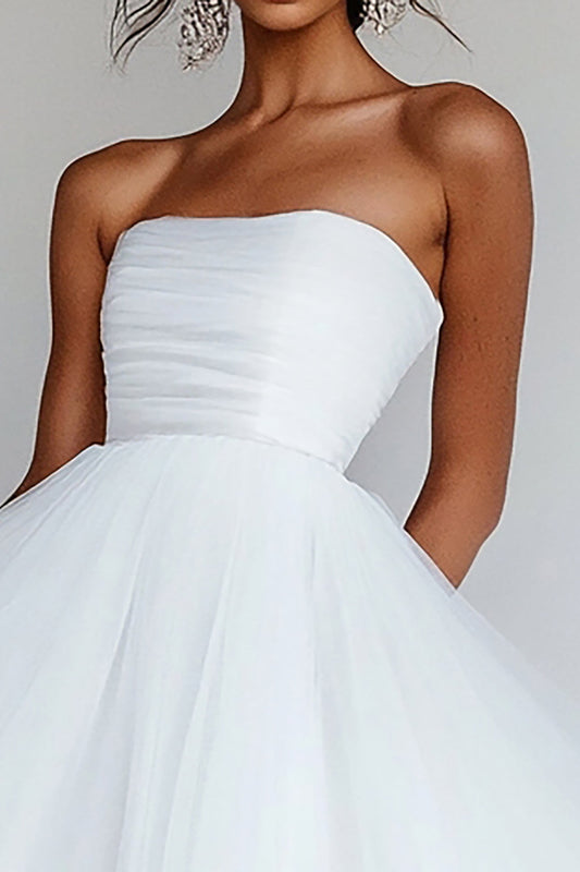 White Tulle Square Neck High-Low A Line Engagement Dress