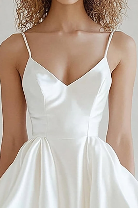 Ivory Satin V-Neck Short Graduation Dress with Ruffles