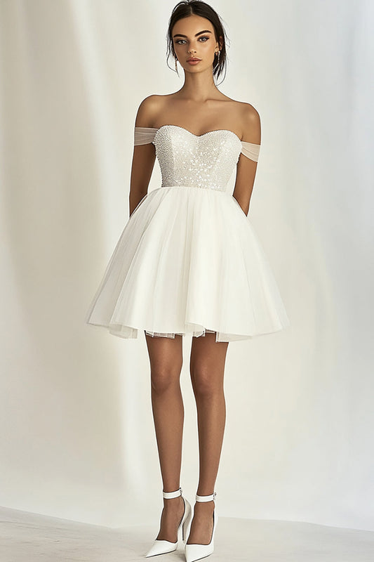 White Tulle A Line Short Graduation Dress with Beading