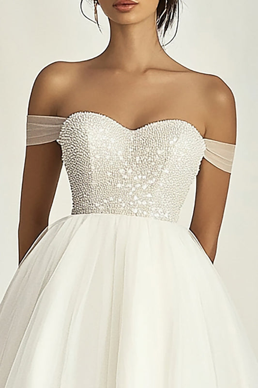 White Tulle A Line Short Graduation Dress with Beading