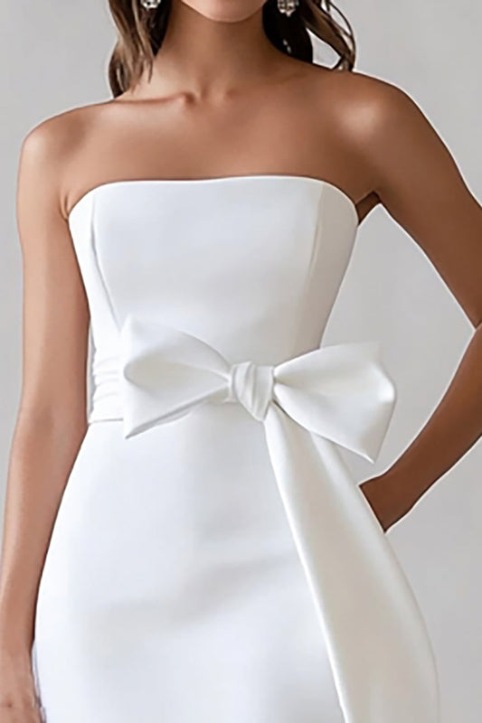 White Satin Strapless Midi Bodycon Engagement Dress with Bow