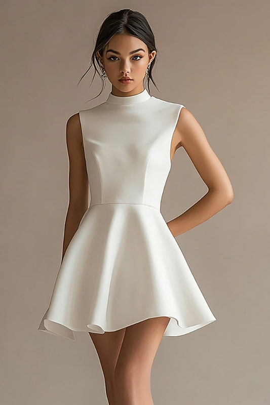 White Satin High Neck A Line Short Graduation Dress