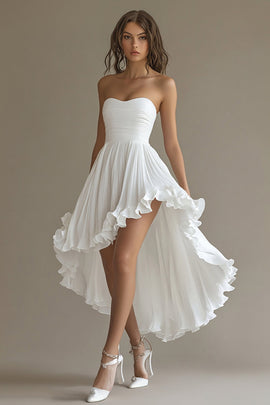 White Chiffon A Line High-Low Engagement Dress with Ruffles Strapless Rehearsal Dinner Dress with Pleats