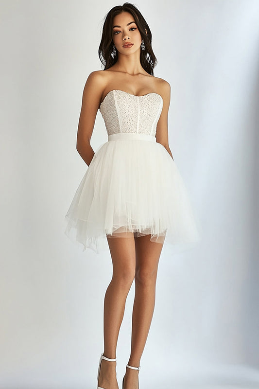 White Tulle Strapless Short Graduation Dress with Beading