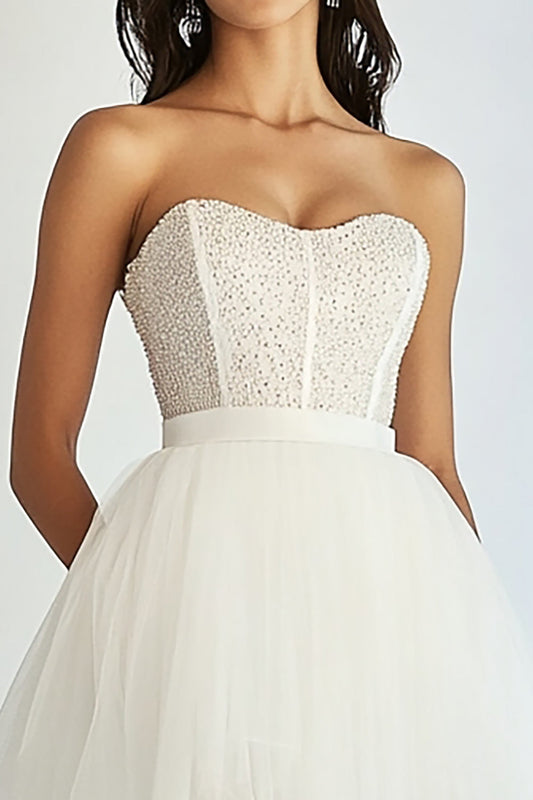 White Tulle Strapless Short Graduation Dress with Beading