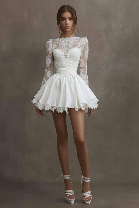 White Satin Bateau Short Lace Graduation Dress with Long Sleeves