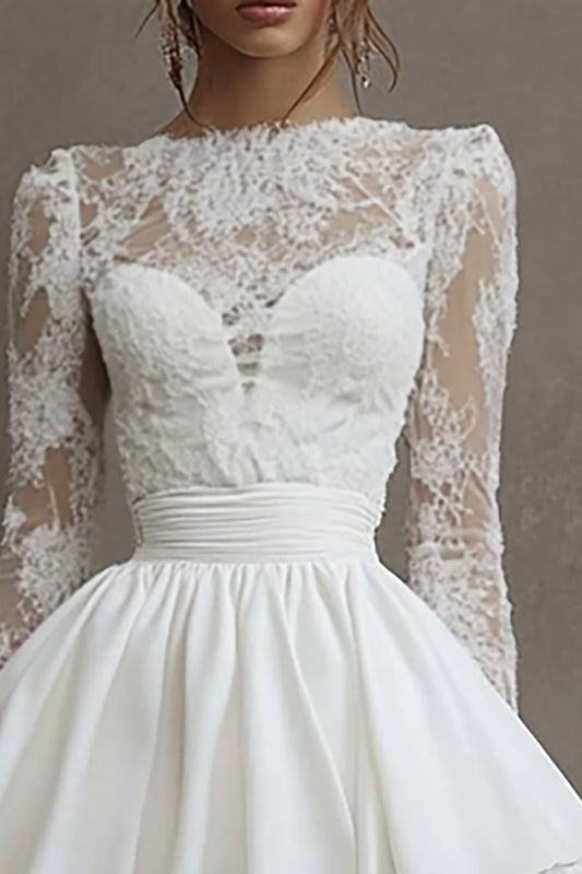 White Satin Bateau Short Lace Graduation Dress with Long Sleeves