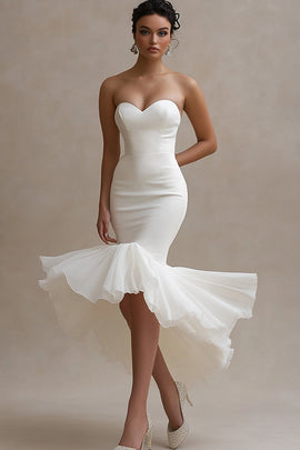 White Satin Mermaid High-Low Engagement Dress with Ruffles