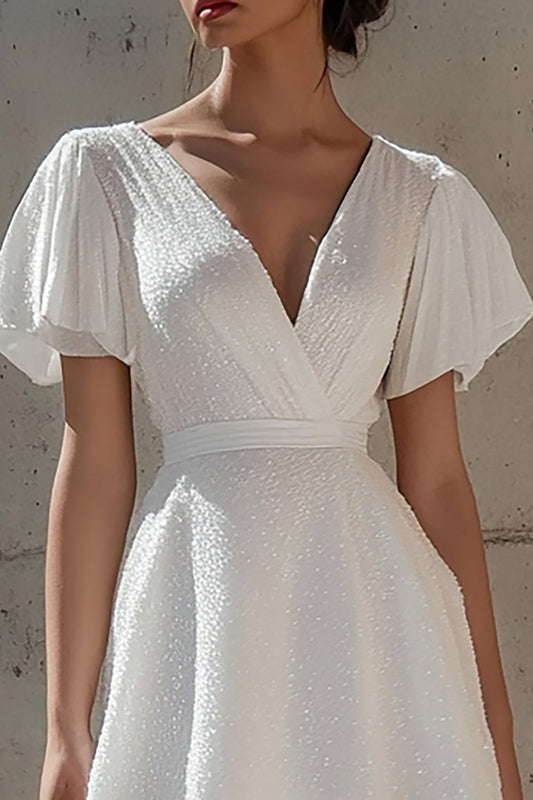 White A Line V-Neck Short Graduation Dress with Short Sleeves