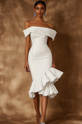 White Satin Off the Shoulder Midi Engagement Dress with Ruffles