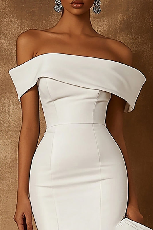 White Satin Off the Shoulder Midi Engagement Dress with Ruffles
