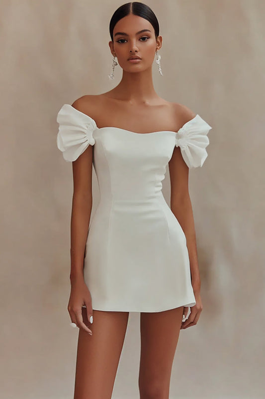 White Satin Bodycon Short Graduation Dress with Ruffles