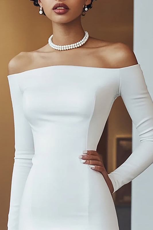 White Satin Short Bodycon Graduation Dress with Long Sleeves
