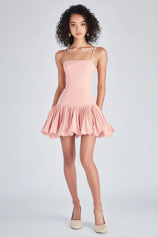 Pink Satin Short A Line Square Neck Graduation Dress with Ruffles