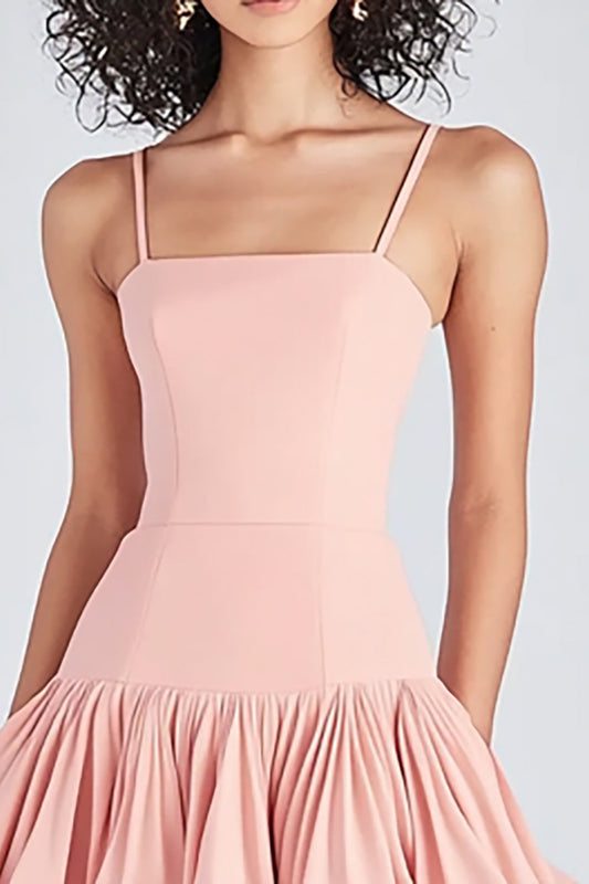Pink Satin Short A Line Square Neck Graduation Dress with Ruffles