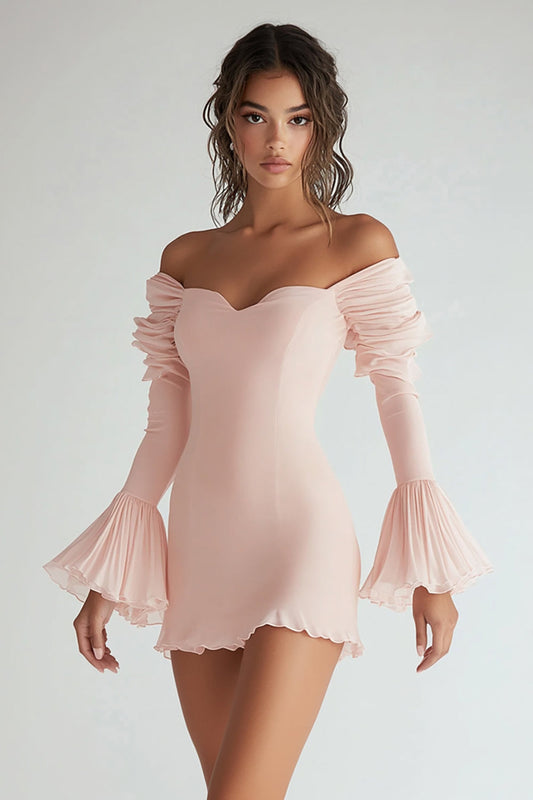 Pink Chiffon Short Ruffled Graduation Dress with Long Sleeves