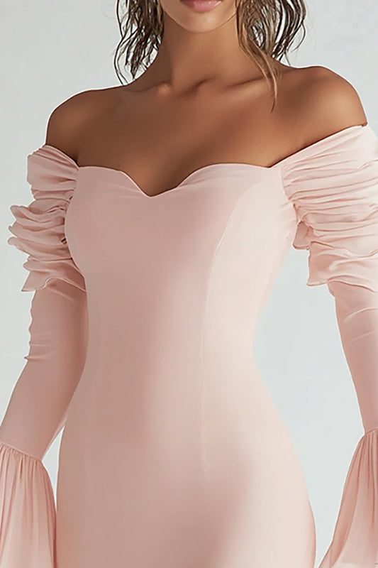 Pink Chiffon Short Ruffled Graduation Dress with Long Sleeves