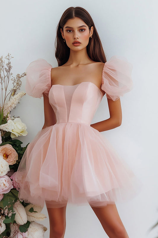 Pink Tulle Short A Line Graduation Dress with Puff Sleeves