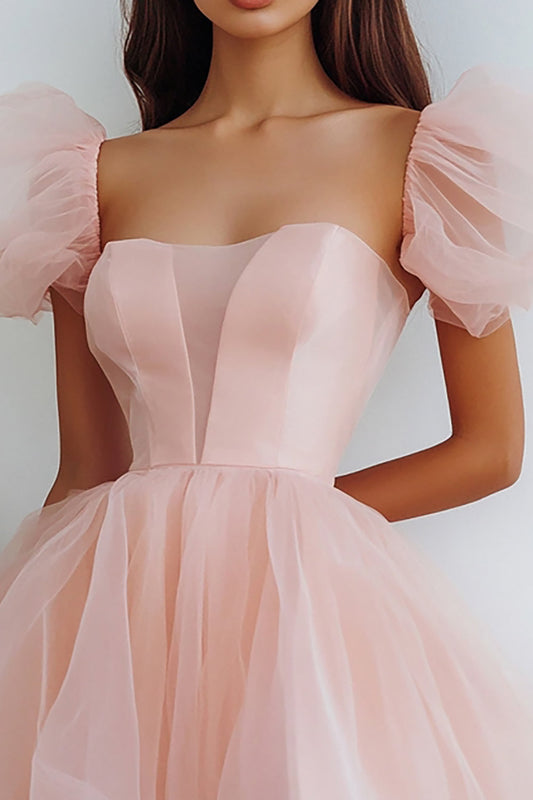 Pink Tulle Short A Line Graduation Dress with Puff Sleeves