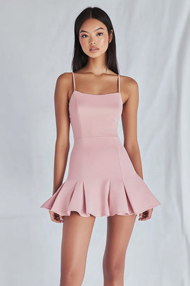 Pink Satin Square Neck Short A Line Graduation Dress with Ruffles