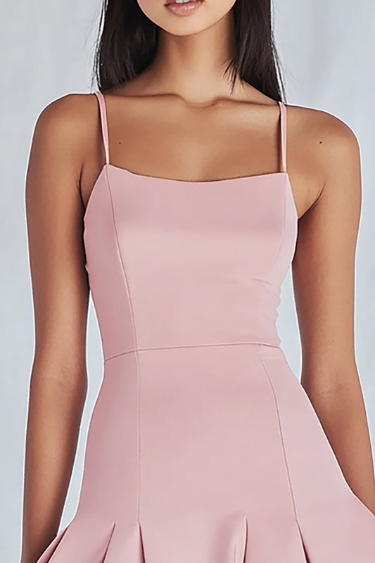 Pink Satin Square Neck Short A Line Graduation Dress with Ruffles