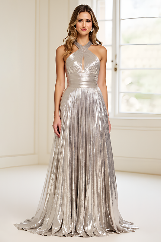 Sparkly Silver Metallic Pleated Long Prom Dress with Keyhole