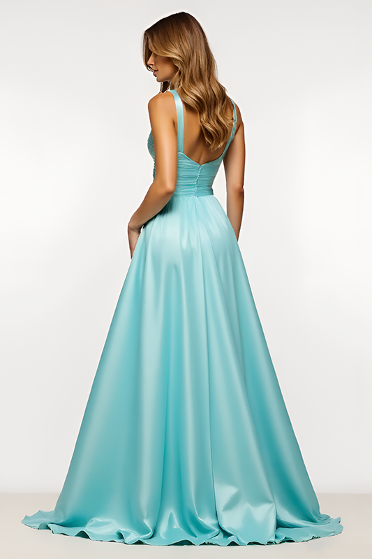 Mint Satin V Neck Backless Long A Line Prom Dress