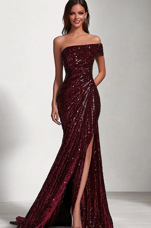 Sparkly Burgundy Mermaid One Shoulder Long Prom Dress with Slit