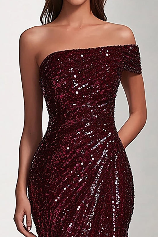 Sparkly Burgundy Mermaid One Shoulder Long Prom Dress with Slit
