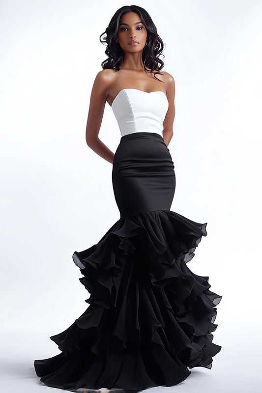 Black and White Mermaid Long Strapless Prom Dress with Ruffles