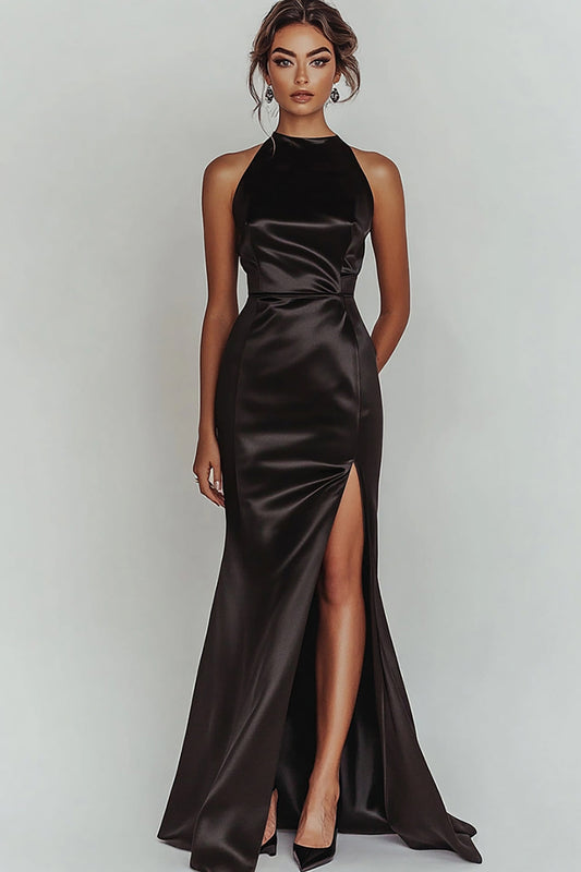 Black Satin High Neck Long Mermaid Prom Dress with Slit