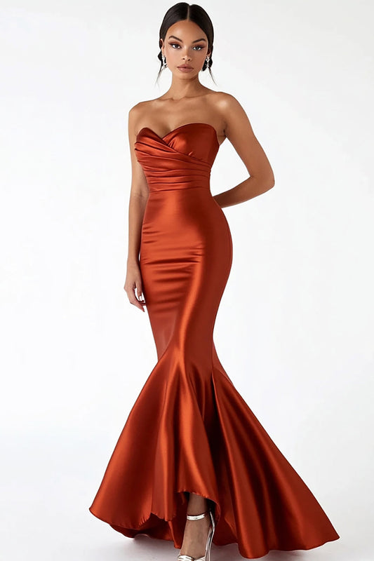 Rust Strapless Ruched Satin Mermaid Long Prom Dress