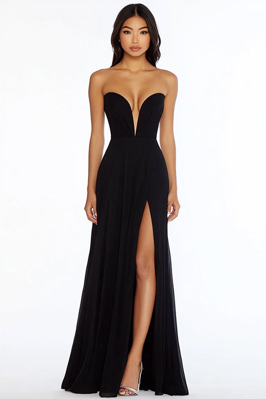 Black Strapless Long Sheath Prom Dress with Slit