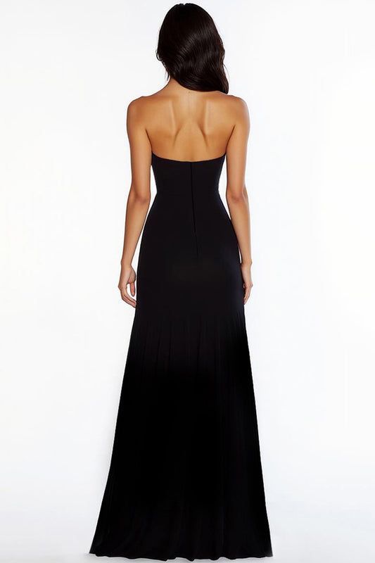 Black Strapless Long Sheath Prom Dress with Slit