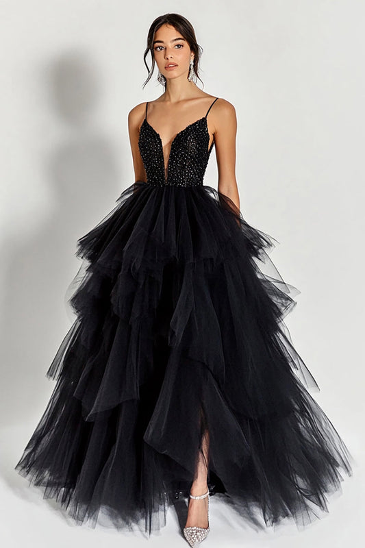 Sparkly Black Tulle Tiered Ball Gown Long Prom Dress with Ruffles