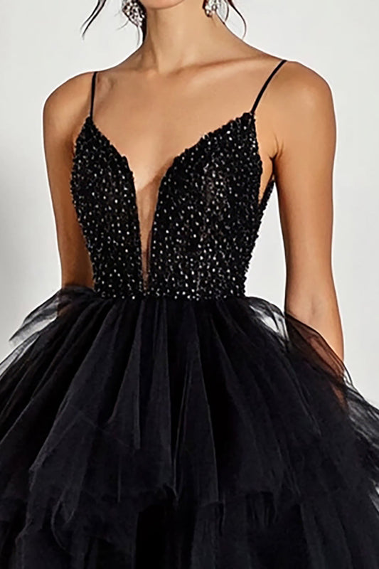 Sparkly Black Tulle Tiered Ball Gown Long Prom Dress with Ruffles