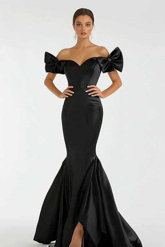 Black Mermaid Satin Off the Shoulder Long Prom Dress with Bows