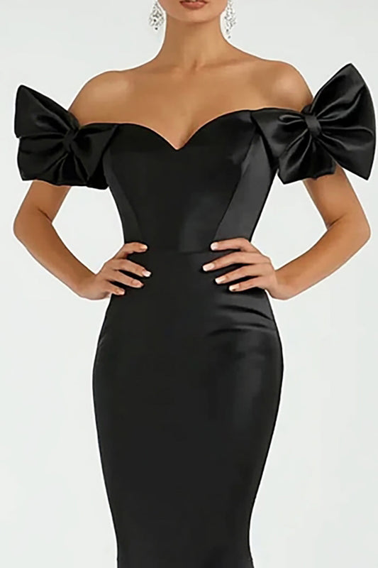 Black Mermaid Satin Off the Shoulder Long Prom Dress with Bows