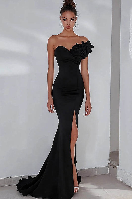 Black Mermaid Asymmetrical Strapless Long Prom Dress with Slit