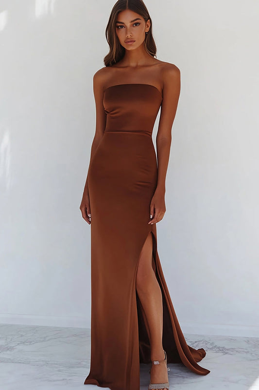 Terracotta Sheath Square Neck Long Prom Dress with Slit