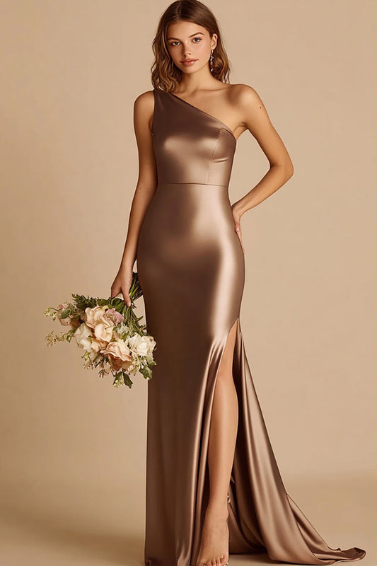 Coffee Satin One Shoulder Long Mermaid Prom Dress with Slit